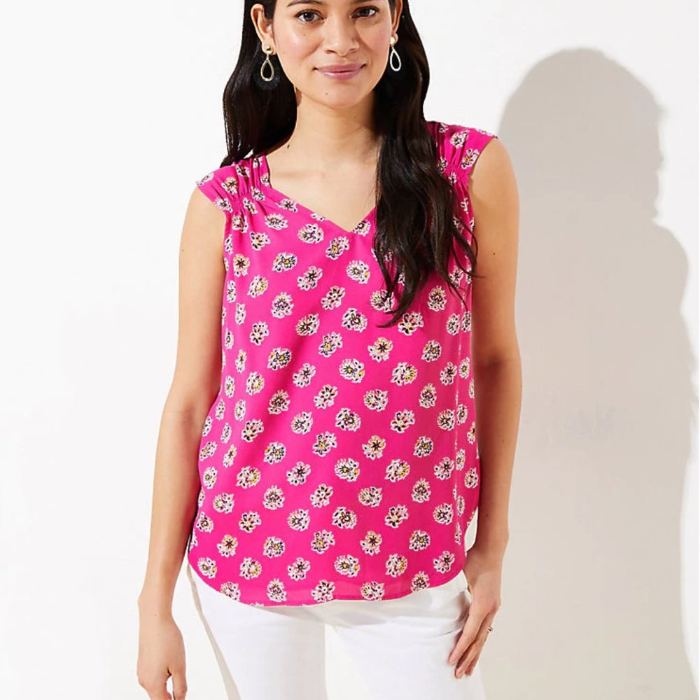 LOFT Bloom Smocked Trim Shell - Pink - XS - NWT